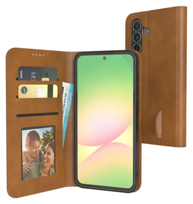A brown leather flip case for a smartphone, open to reveal card slots and a photo, with the smartphone inside displaying a colorful screen.