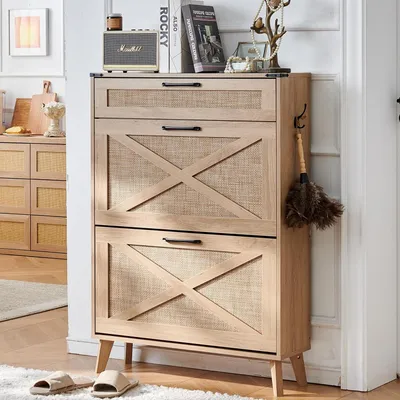 Image de Armoire à chaussures avec 2 tiroirs rabattables en rotin, couleur beige, dimensions 80 x 23 x 113 cm