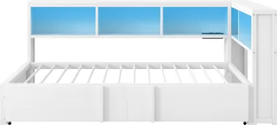 Produktbild von Flieks Schlafsofa Metallbett 90x200cm mit Ausziehbett, Tagesbett Einzelbett mit Staufächern, Jugendbett Kinderbett mit Led und Ladefunktion, Weiß