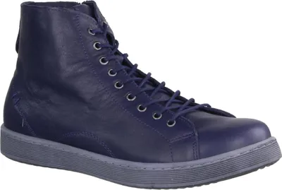 A single blue high-top sneaker is shown against a white background.