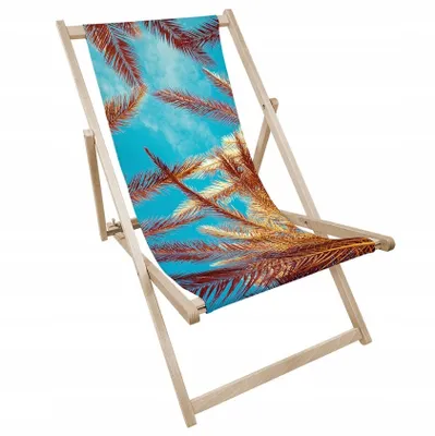Produktbild von Liegestuhl klappbar aus Holz mit Palmen- und blauem Himmel Motiv – Klappstuhl Klappliege Sonnenstuhl Strandstuhl Gartenliege