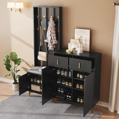 Image de OKWISH Vestiaire D’Entrée avec Banc, Tiroirs Push-to-Open et Rangement Chaussures - Structure en Panneaux de Particules Ondulée - Noir