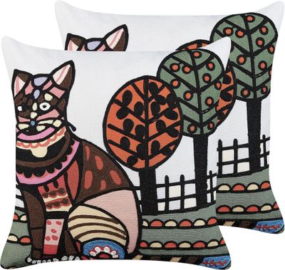BELIANI Zestaw 2 poduszek wielokolorowy bawełna wełna 50 x 50 cm haftowany motyw kota ręcznie wykonana zdejmowana poszewka wypełnienie