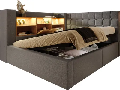 Immagine prodotto di okwish Divano letto a L 140x190 daybed con illuminazione a LED e vani a giorno sulla parete posteriore, letto per ragazzi daybed con rete, grigio (senza materasso)