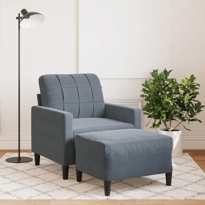 Produktbild von Dunkelgrauer Samtsessel mit Hocker, 60 cm Sitzbreite, Metallgestell, 2-Sitzer-Sofa für das Wohnzimmer