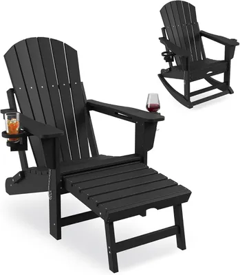 Produktbild von Klappbarer Adirondack-Gartenstuhl mit Fußstütze und 2 Getränkehaltern, wetterfester HDPE-Loungesessel für Garten, Terrasse und Balkon, Tragfähigkeit 181 kg