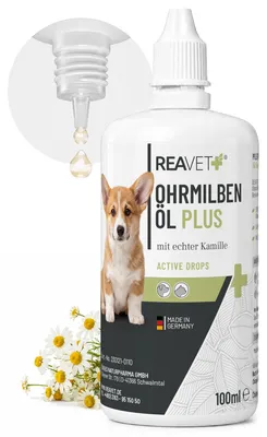 Produktbild von REAVET Ohrmilbenöl Plus 100ml sofort wirksames Mittel für Hunde, Katzen & Haustiere – gegen Ohrmilben mit Kamille, Sanfte Pflege bei Juckreiz im Ohr, Ohrentropfen Milben, Ohrenreiniger