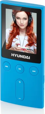 A blue Hyundai MP3 player with a woman listening to music on its screen.
