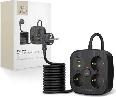 Obrázek produktu pro Tech-Protect Pcs3X4 napájecí lišta, 3 síťové zásuvky, 2Xusb-A, 2Xusb-C 200 cm - černá