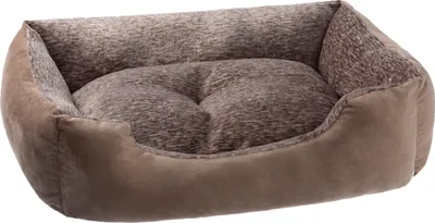 A brown and gray pet bed with a plush interior.
