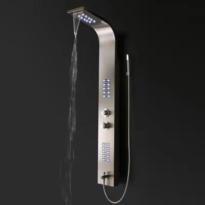 A modern stainless steel shower panel with integrated LED lights and multiple shower functions, set against a dark background.