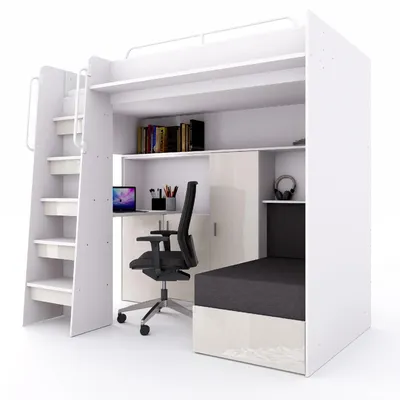 Produktbild von Marlux-Meble Hochbett JSM-7 90x200 TREPPE Links mit Schreibtisch Schränke und Ausklappbares Sofa 70x180 Hochglanz Funktionsbett Etagenbett Stockbett Kinderhochbett Jugendhochbett (Beige Glanz)