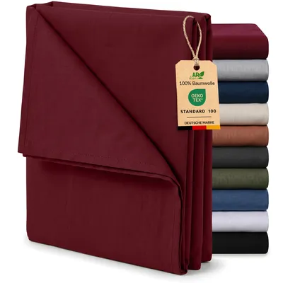 Produktbild von EllaTex Renforcé Bettlaken ohne Gummizug 200x220 Baumwolle – großes Betttuch für Zuhause & Hotel, Farbe: Burgund