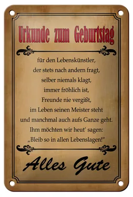Produktbild von Blechschild Spruch 12x18 cm Urkunde zum Geburtstag Deko Schild
