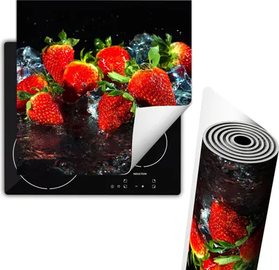 Produktbild von Herdabdeckplatte 60x52 cm Glaskeramikkochfeld Abdeckung Anti Rutsch Matte Aufrollbar, Schwarz Erdbeeren