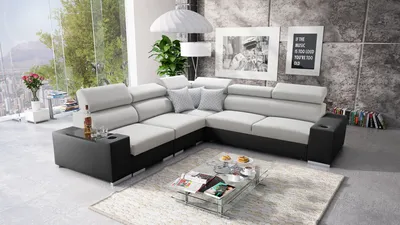 Produktbild von Ecksofa mit Schlaffunktion Eckcouch PERS III Sofa (Grau SAWANA 84 + schwarzes Kunstleder, Links)