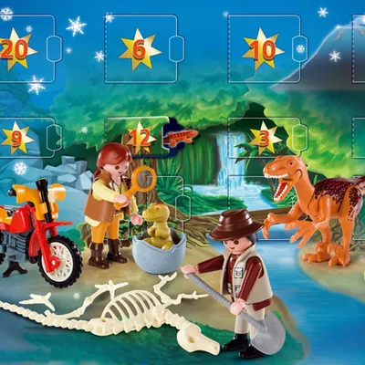 A Playmobil advent calendar scene depicting a dinosaur expedition with figures, dinosaurs, a motorcycle, and a skeleton.