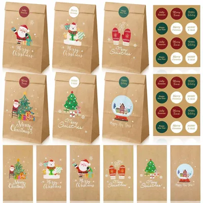 Imagen del producto de 24 bolsas de regalo navideñas de papel kraft, con diferentes diseños