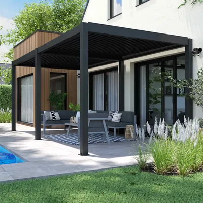 Image de Pergola bioclimatique autoportée 3 x 6 m et 2 stores gris - Oviala Athenes