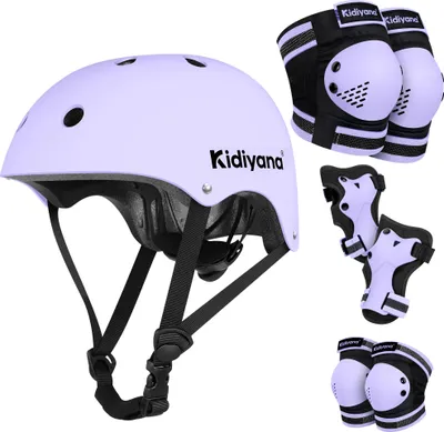 Produktbild von Kidiyana Kinder Schutzset Lila – Fahrradhelm S + Protektoren S für 2–6 Jahre – Knie-, Ellenbogen- & Handgelenkschoner