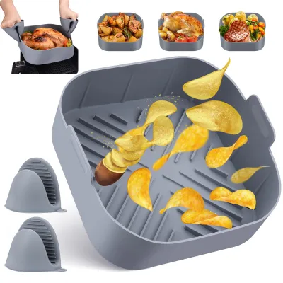 A collage of images showcasing a gray silicone air fryer basket, with some images demonstrating its use for cooking chicken and potatoes, and an image of potato chips falling into the basket.