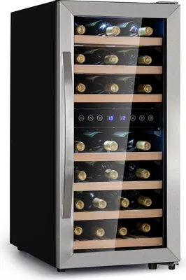Produktbild von Klarstein Weinkühlschrank Freistehend, Kleiner Getränkekühlschrank Schmal, 2 Zonen Weinkühlschrank mit Glastür, Indoor/Outdoor Beersafe, Kühlschrank Klein mit LED-Lichter, 5-18°C, 33 Flaschen