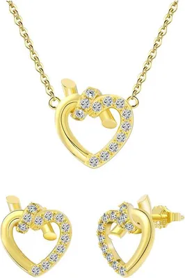 Produktbild von Suzan Gold® Vergoldetes Schmuckset Silber 925 Damen | Zarte Halskette mit Herz Anhänger & Ohrstecker im Zirkonia-Knoten Design | Hautfreundlich, wasserfest &