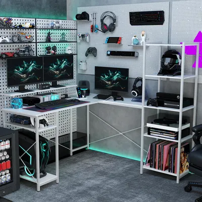 Produktbild von L-förmiger Schreibtisch mit Ladestation, Eckschreibtisch mit Monitorständer, Steckdose, USB-C, USB, Weiß | 137 x 140 cm | Höhe 139,5 cm | 2 Regale