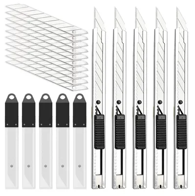 Produktbild von Cuttermesser Set 5 Stück 9mm mit 50 Ersatzklingen Edelstahl 30 Grad