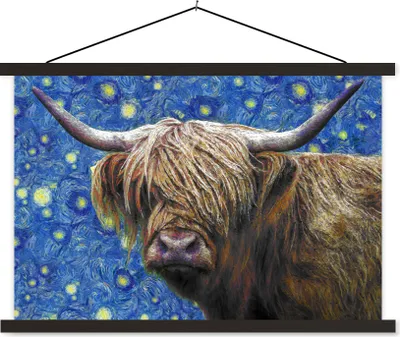 Produktbild von MuchoWow® Textilposter Scottish Hochlandrind - Sternennacht - Van Gogh 90x60 cm mit schwarzem Rahmen - Aufhängungssatz