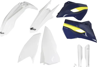 Produktbild von Verkleidungskit UFO PLAST 8-teilig Verkleidungssatz Kunststoff mit Gabelschutz für Husqvarna FE TC TE TX 125 - 450 ccm Bj. 2016, Farbe:weiß / dunkelblau / gelb