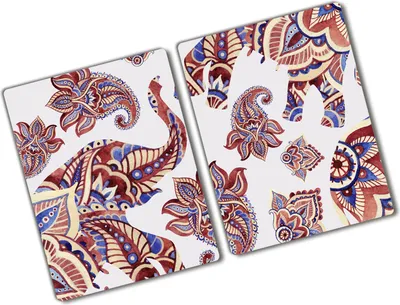 Produktbild von Tulup Glas Herdabdeckplatte - 2x40x52 cm - Glaskeramikkochfeld-Abdeckung Spritzschutz Glasabdeckplatte Kochplattenabdeckung und Schneidebrett - Zweiteilig - Tiere - Elefanten Ornamente - Mehrfarbig