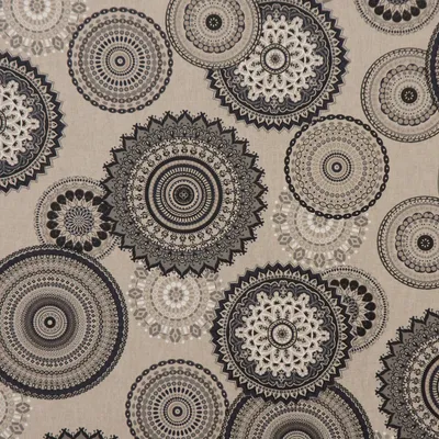 Produktbild von Dekostoff Meterware Halbpanama Leinenlook Mandalas natur grau 1,40m