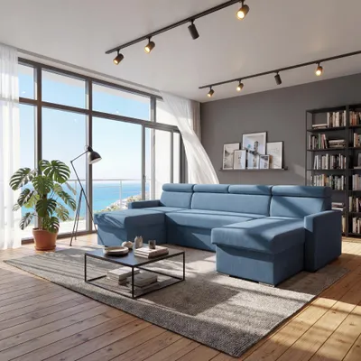 Produktbild von Sofiland Vega U Ecksofa U-Form mit Schlaffunktion & Bettkasten Samt 305 cm Blau
