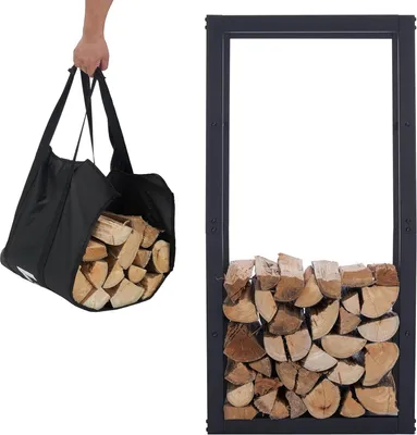 Produktbild von Brennholzregal mit Tragetasche für Innen und Außen | Kaminholz Lagerung | Schwarzes Metall 148x25x196cm