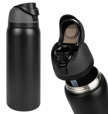 Isolierte Edelstahl-Trinkflasche mit Strohhalm, 950 ml, schwarz