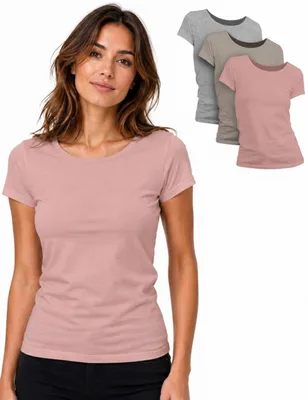 Produktbild von Basic Treasure 3er Pack T Shirt Damen, Kurzarm, Rosa/Beige/Grau meliert, L