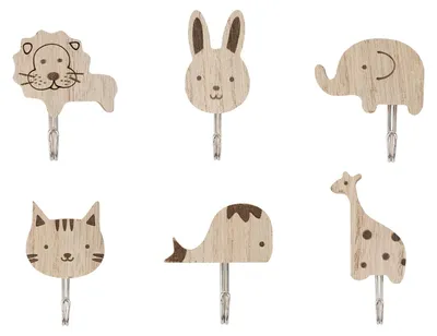 Productafbeelding van 6 Haken met cartoonmotieven van dieren, zelfklevende houten haken, creatieve en schattige haken, decoratie voor thuis, haken voor de kinderkamer.
