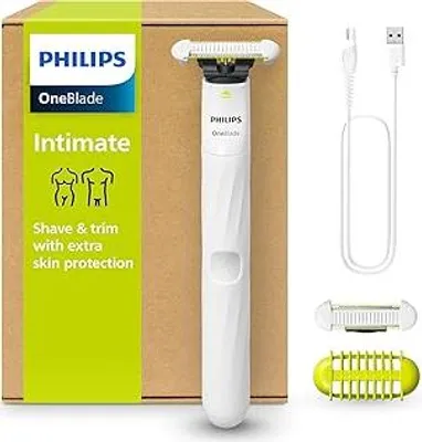 Produktbild von Philips OneBlade Intimate - Elektrischer Intimrasierer und Intimtrimmer für Damen und Herren, mit extra Hautschutz, 2x SkinProtect Klingen, 1x 3-mm-Trimmaufsatz, QP1924/30, Weiß