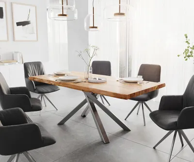 Produktbild von DELIFE Esstisch Edge 200x100 XL Akazie Natur Kreuzgestell Rechteck Edelstahl Live-Edge