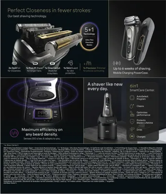 Collage of marketing images and text describing the features of a Braun shaver.