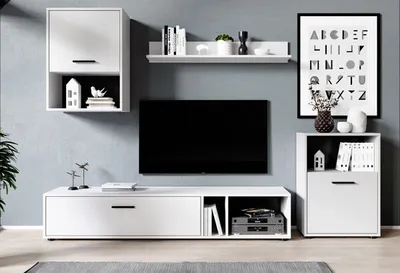 Produktbild von Wohnwand Halle modern weiß 4-teilig mit Kunststoffoberfläche, ABS-Kanten und schwarzen Griffen