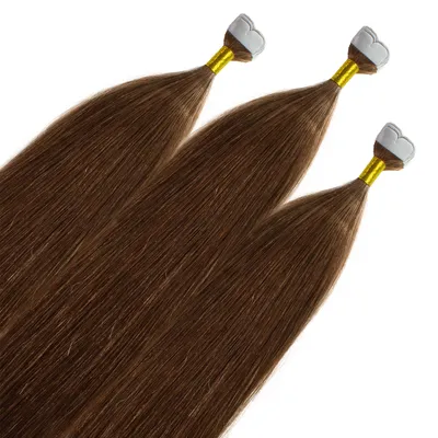Image de hair2heart Premium Mini Tape Extensions Human Hair - 12 bandes 50 cm brun clair