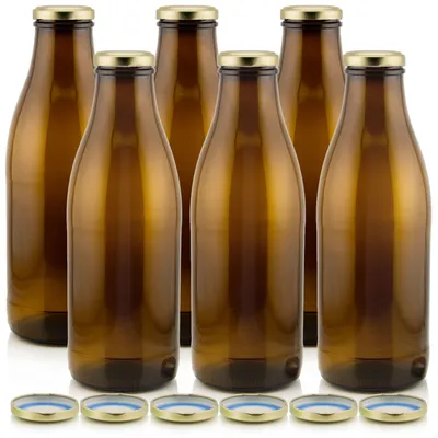 Produktbild von Milchflasche 1 Liter Glasflasche braun mit 6 Flaschen & 12 Deckeln in gold – spülmaschinenfest, als Weithalsflasche zum Umfüllen