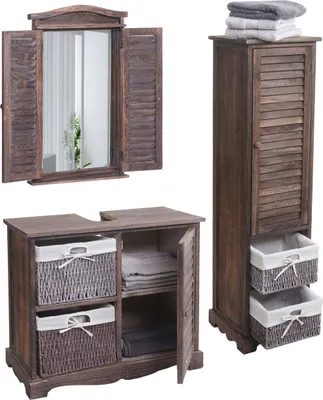 Produktbild von Koupelnový set HWC-H20, sada koupelnového nábytku vysoká skříňka umyvadlo spodní skříňka nástěnné zrcadlo  ošuntělá hnědá