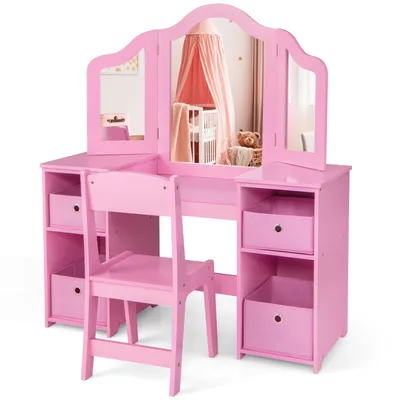 A pink children's vanity table and chair set with a tri-fold mirror.