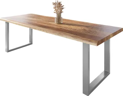 Produktbild von Esstisch Baumkante massiv Mango rough 300 x 100 U-Gestell weiß ATLAS