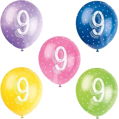 Produktbild von 5 bunte Zahl 9 Latexballons 30cm
