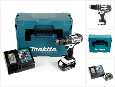 Immagine prodotto di Trapano avvitatore a percussione a batteria Makita DHP 482 RT1J W 18 V 62 Nm + 1 batteria da 5,0 Ah + caricabatterie in confezione Makpac 2