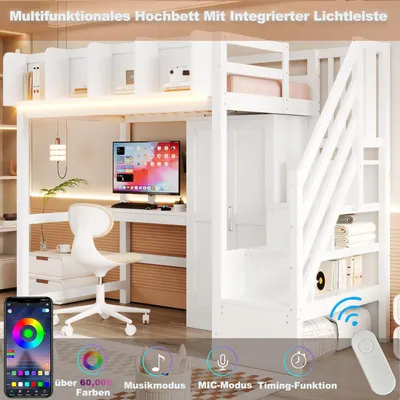 Produktbild von Jugendbett 90×200 mit Steckdosen und Integrierter Schreibtisch, Hochbett mit Kleiderschrank und LED,Einzelbett in Weiß,ohne Matratze